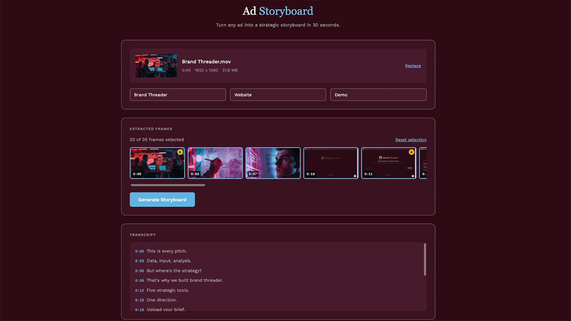Ad Storyboard: Video uploaded with extracted frames and timestamped transcript