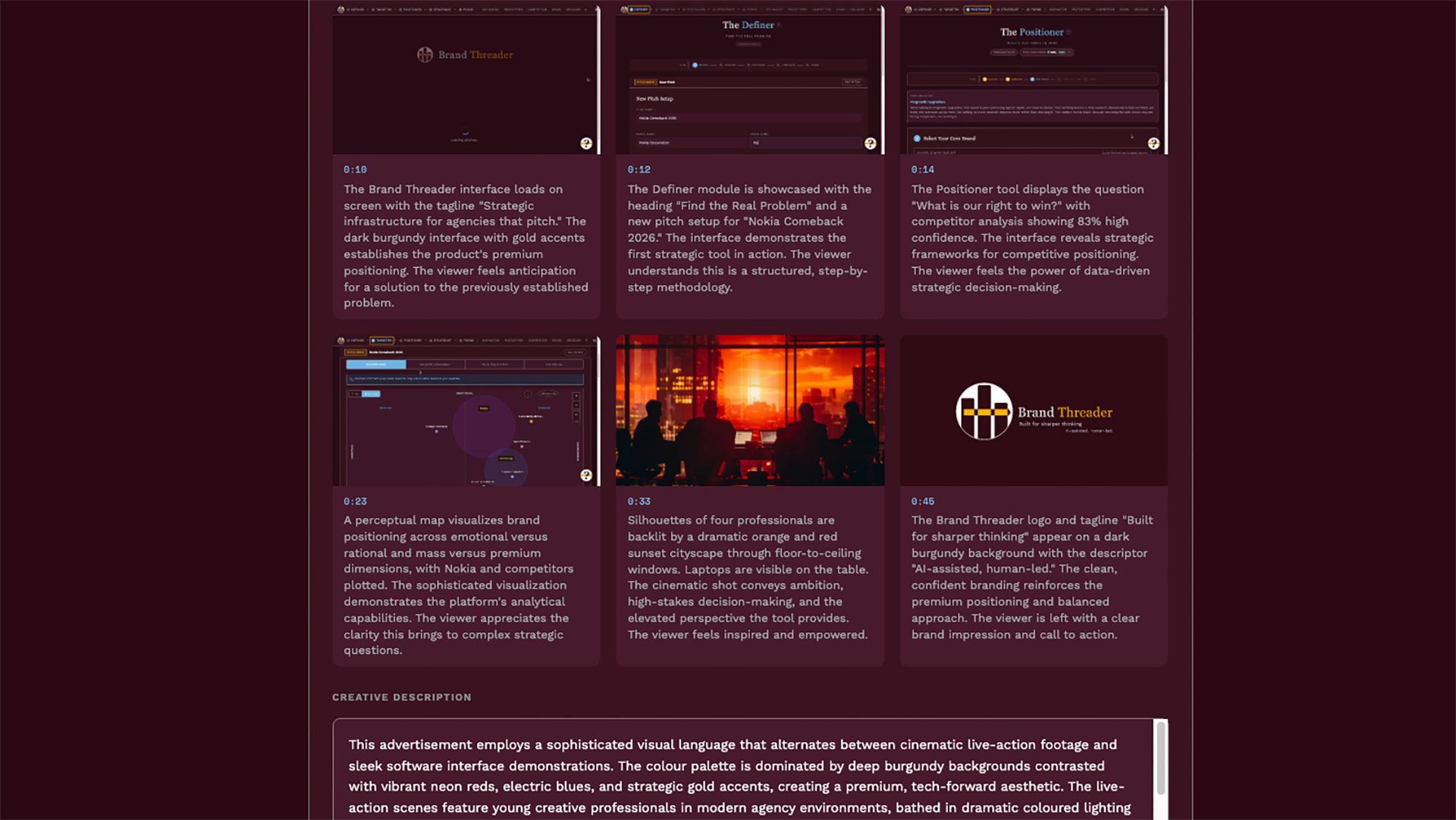 Ad Storyboard: Nine-frame storyboard grid with captions and creative description