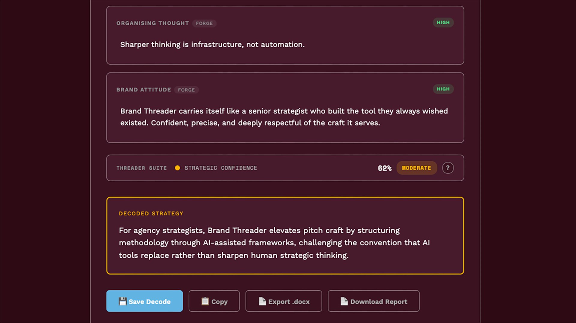 The Proof: Strategic confidence score, decoded strategy summary, and Download Report button
